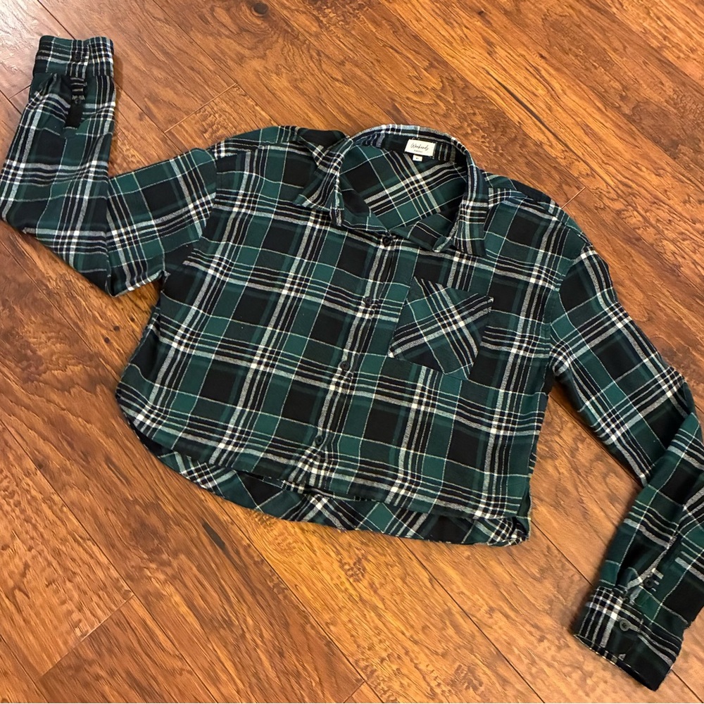 Green Plaid Button Down Flannel Cropped Shirt Women's XL Festival Street Casual